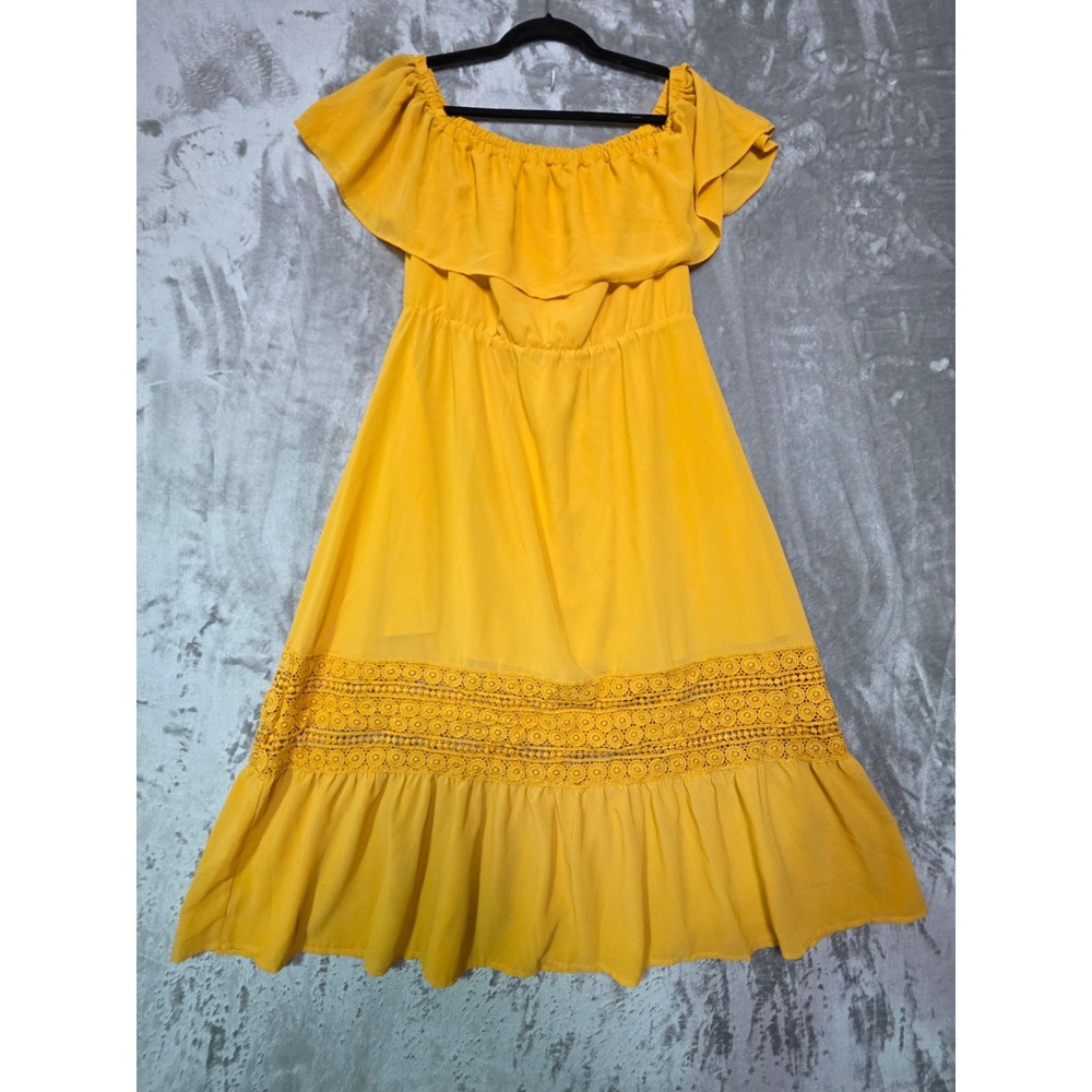Allegra K Mustard Yellow Off Shoulder Ruffle Lace Trim Midi Dress Size M Boho